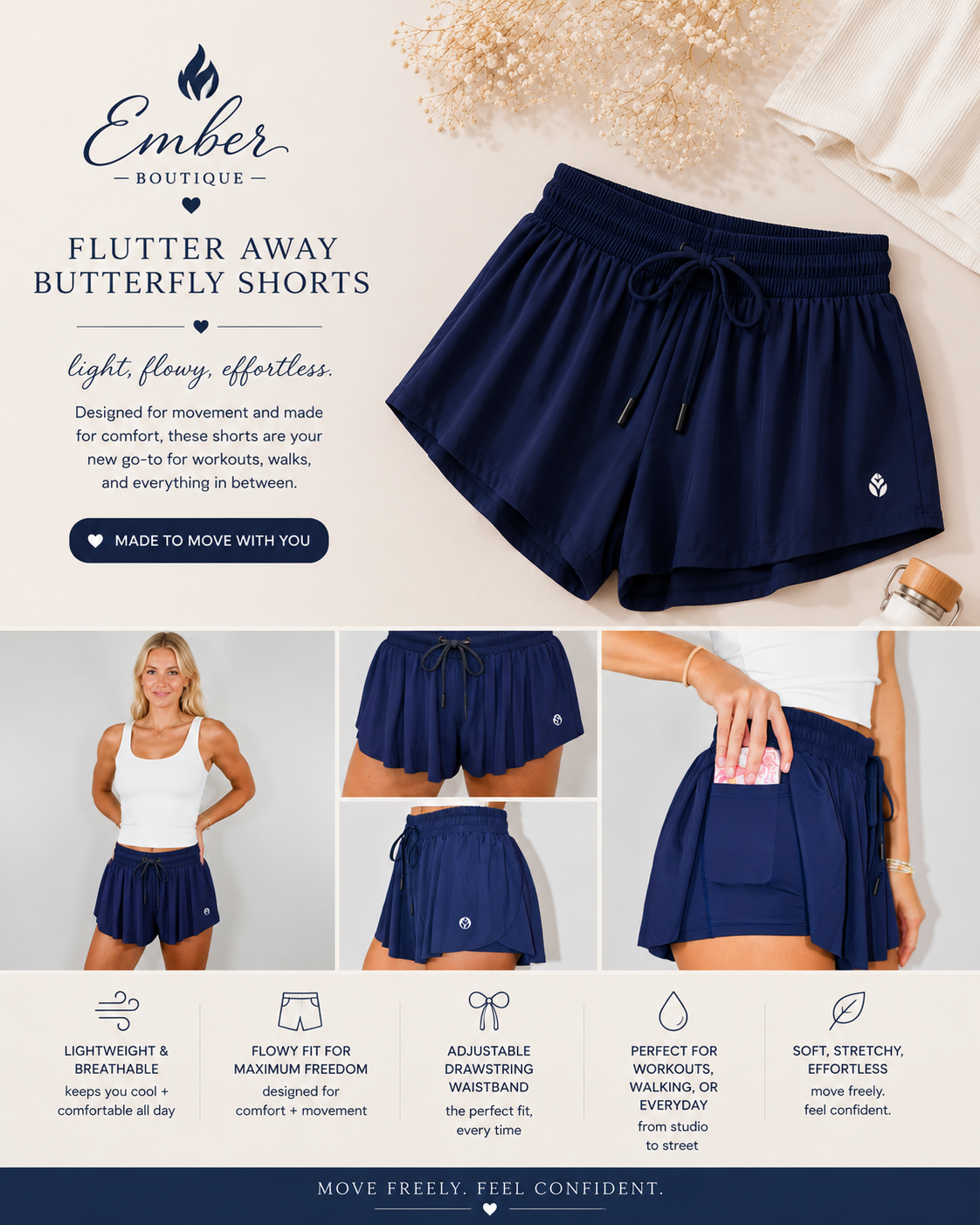 Navy blue butterfly print women's shorts