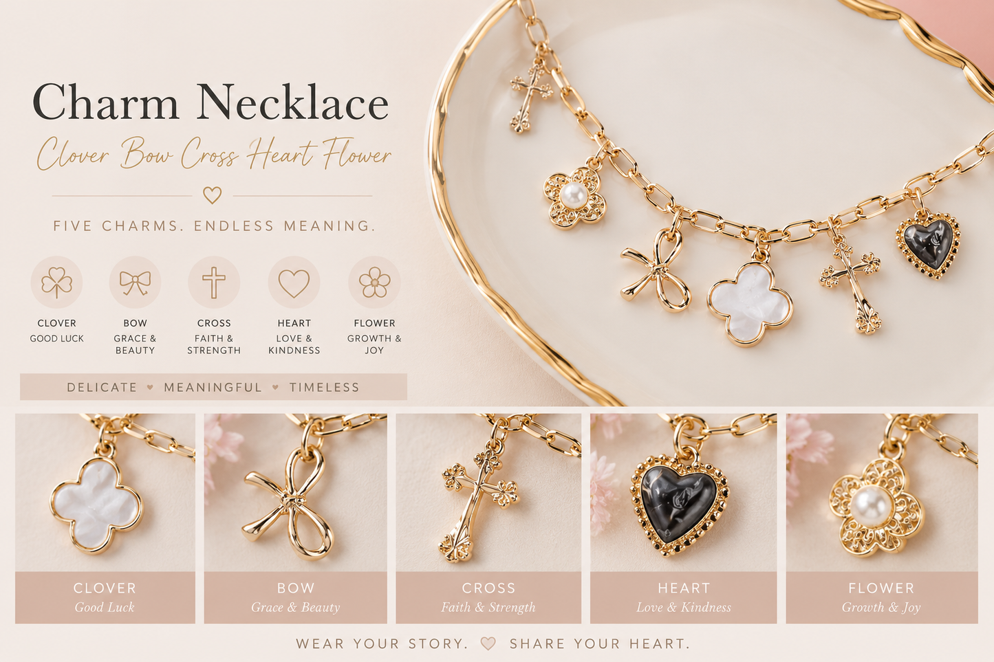 Gold-tone charm necklace with clover, bow, cross, heart, and flower pendants