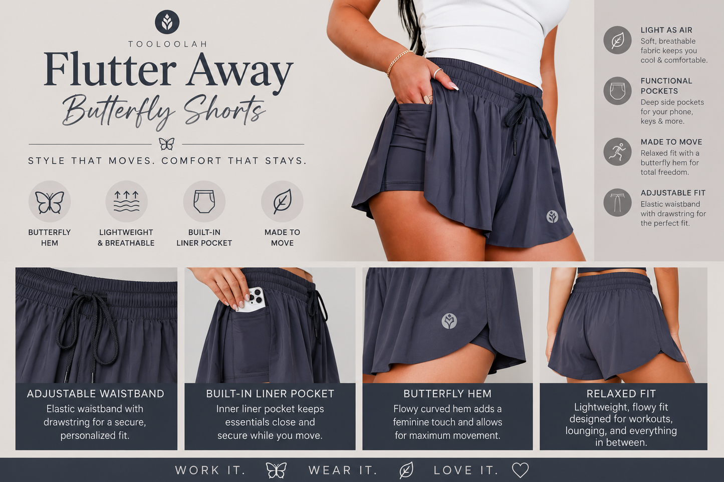 Grey butterfly print women's shorts