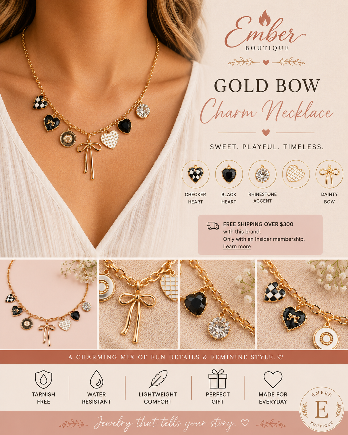 Shop our Gold Bow Charm Necklace featuring checker heart charms, rhinestone accents, and a trendy bow pendant. A feminine statement necklace perfect for everyday wear and gifting.