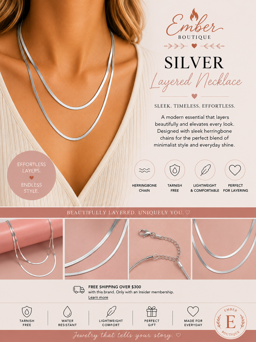 Shop our Silver Layered Herringbone Necklace featuring a tarnish-free stainless steel finish and elegant double-layer design. Perfect for everyday wear, layering, and gifting.