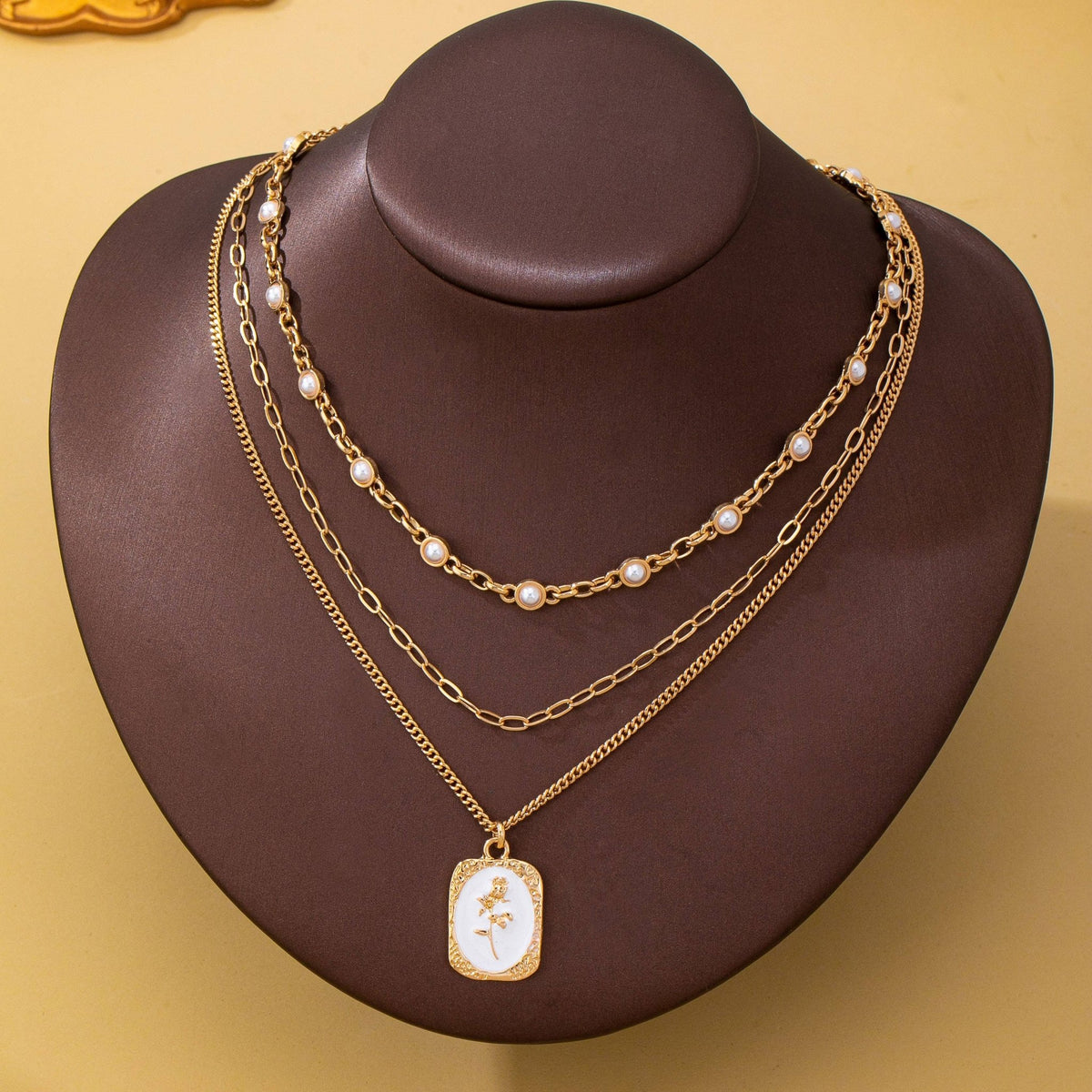 Layered Enamel Pearl & Rose Tag Pendant Necklace | 80N93573 - Ember Boutique