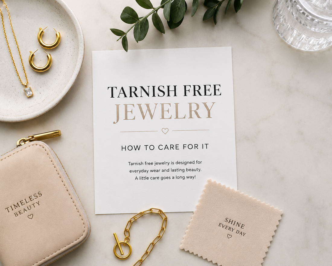 Gold tarnish-free jewelry flat lay
