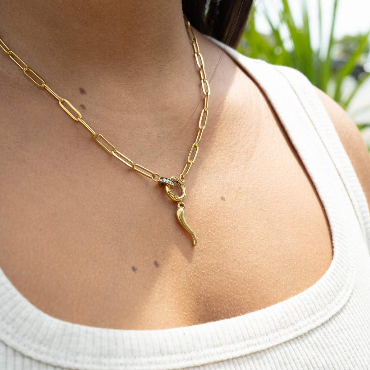 18K Gold PVD Paperclip Rhinestone Charm Holder Necklace - Ember Boutique