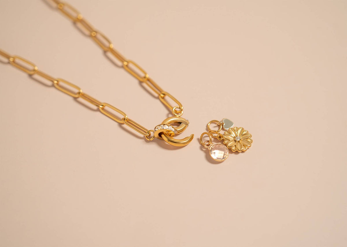 18K Gold PVD Paperclip Rhinestone Charm Holder Necklace - Ember Boutique