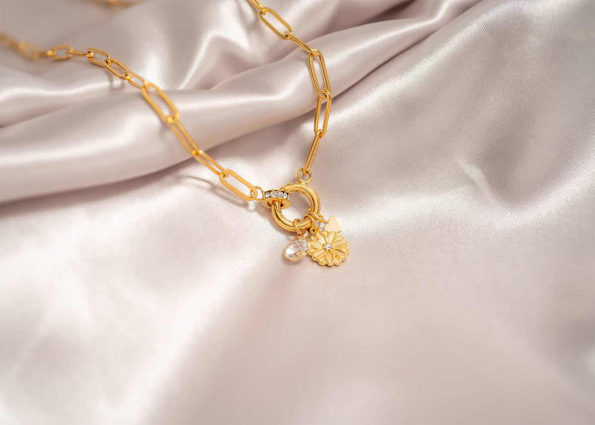 18K Gold PVD Paperclip Rhinestone Charm Holder Necklace - Ember Boutique