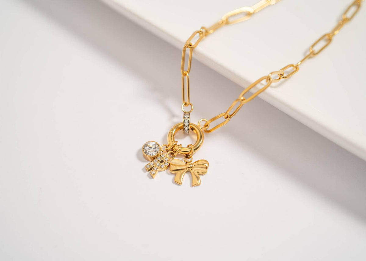 18K Gold PVD Paperclip Rhinestone Charm Holder Necklace - Ember Boutique