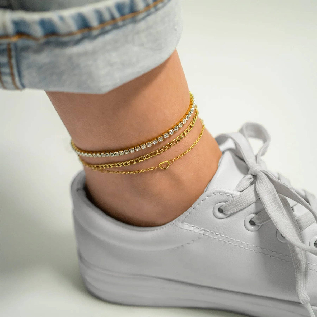 18K Gold PVD Stainless Station Hearts Chain Anklet - Ember Boutique