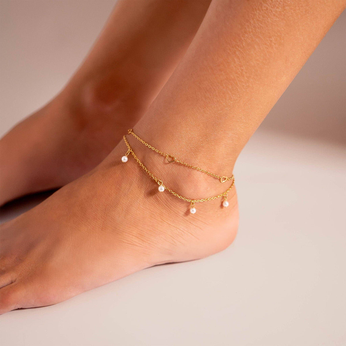 18K Gold PVD Stainless Station Hearts Chain Anklet - Ember Boutique