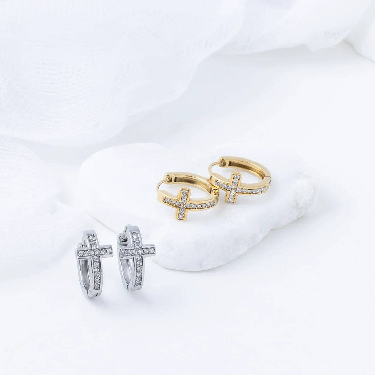 18K Gold PVD Stainless Steel Stone Cross Huggies Earrings - Ember Boutique