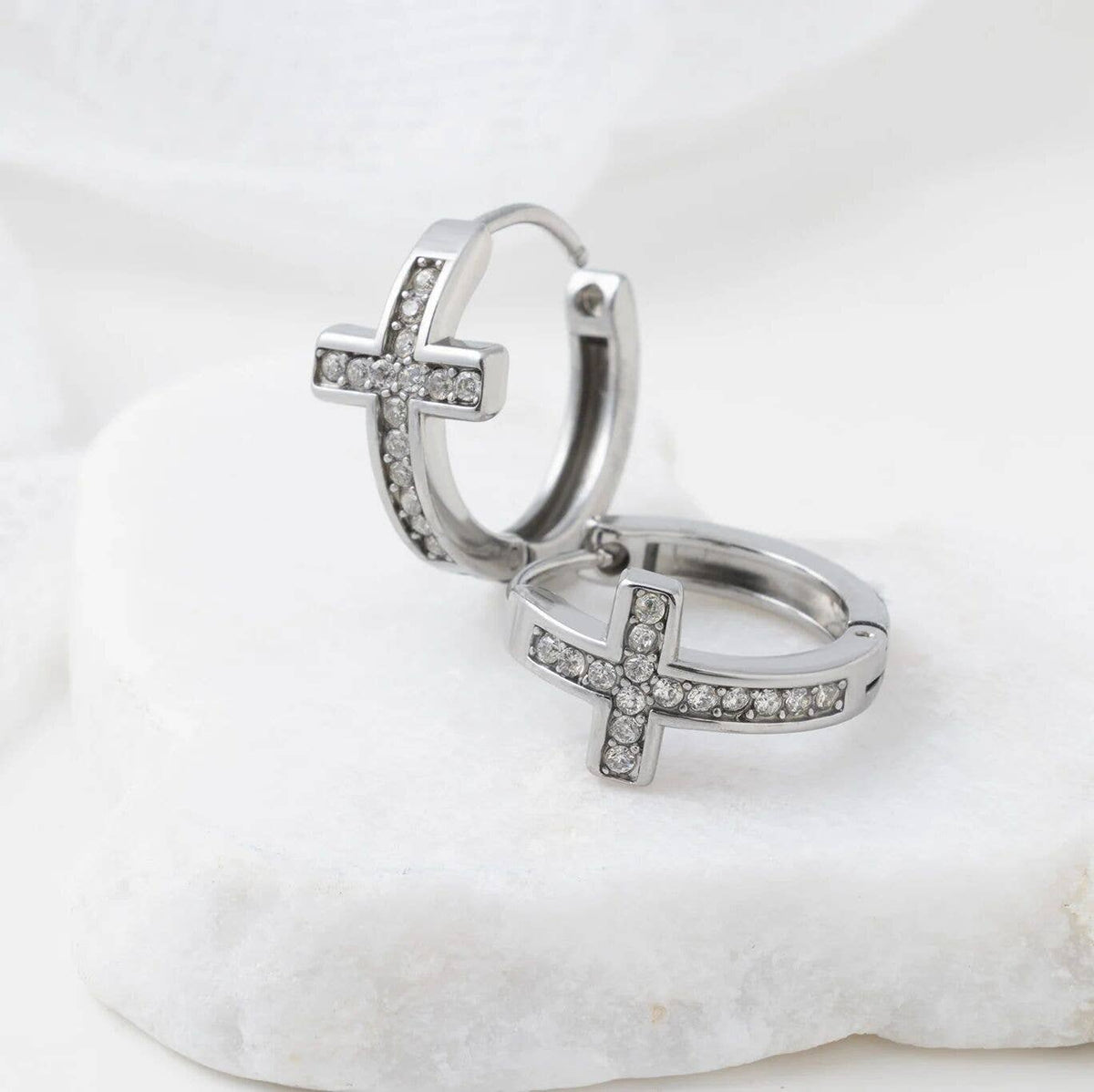 18K Gold PVD Stainless Steel Stone Cross Huggies Earrings - Ember Boutique