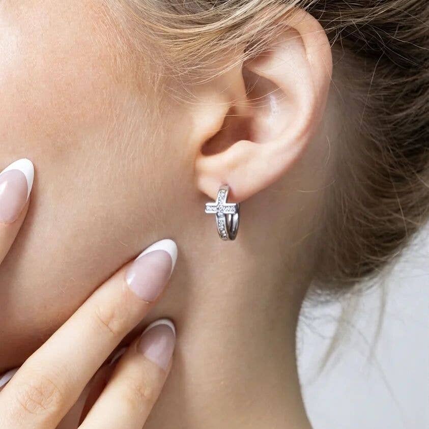 18K Gold PVD Stainless Steel Stone Cross Huggies Earrings - Ember Boutique