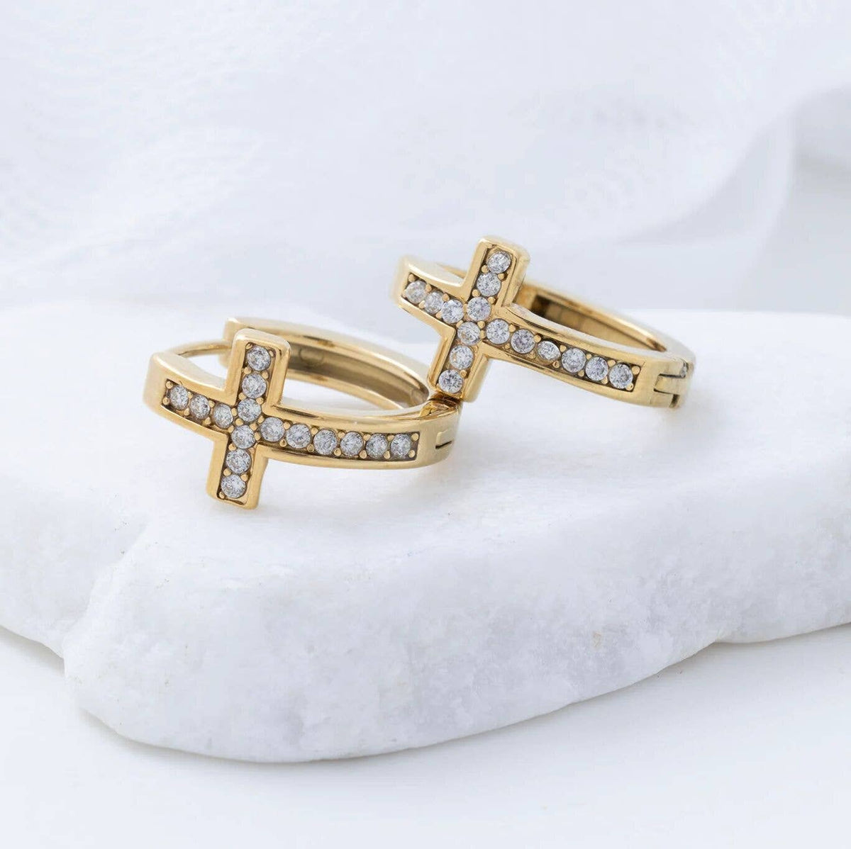 18K Gold PVD Stainless Steel Stone Cross Huggies Earrings - Ember Boutique