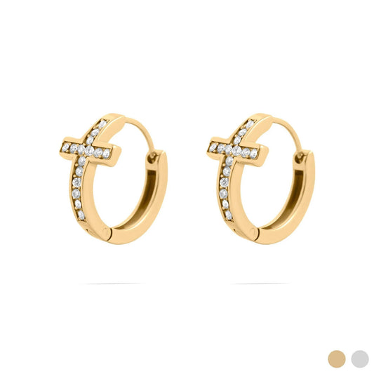 18K Gold PVD Stainless Steel Stone Cross Huggies Earrings - Ember Boutique