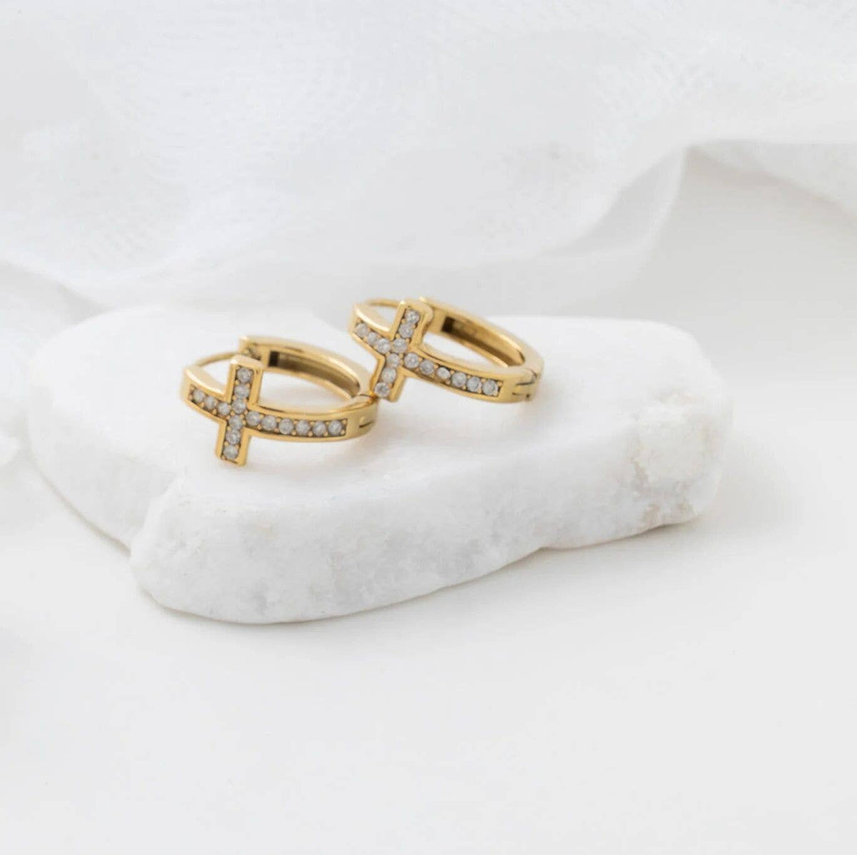 18K Gold PVD Stainless Steel Stone Cross Huggies Earrings - Ember Boutique