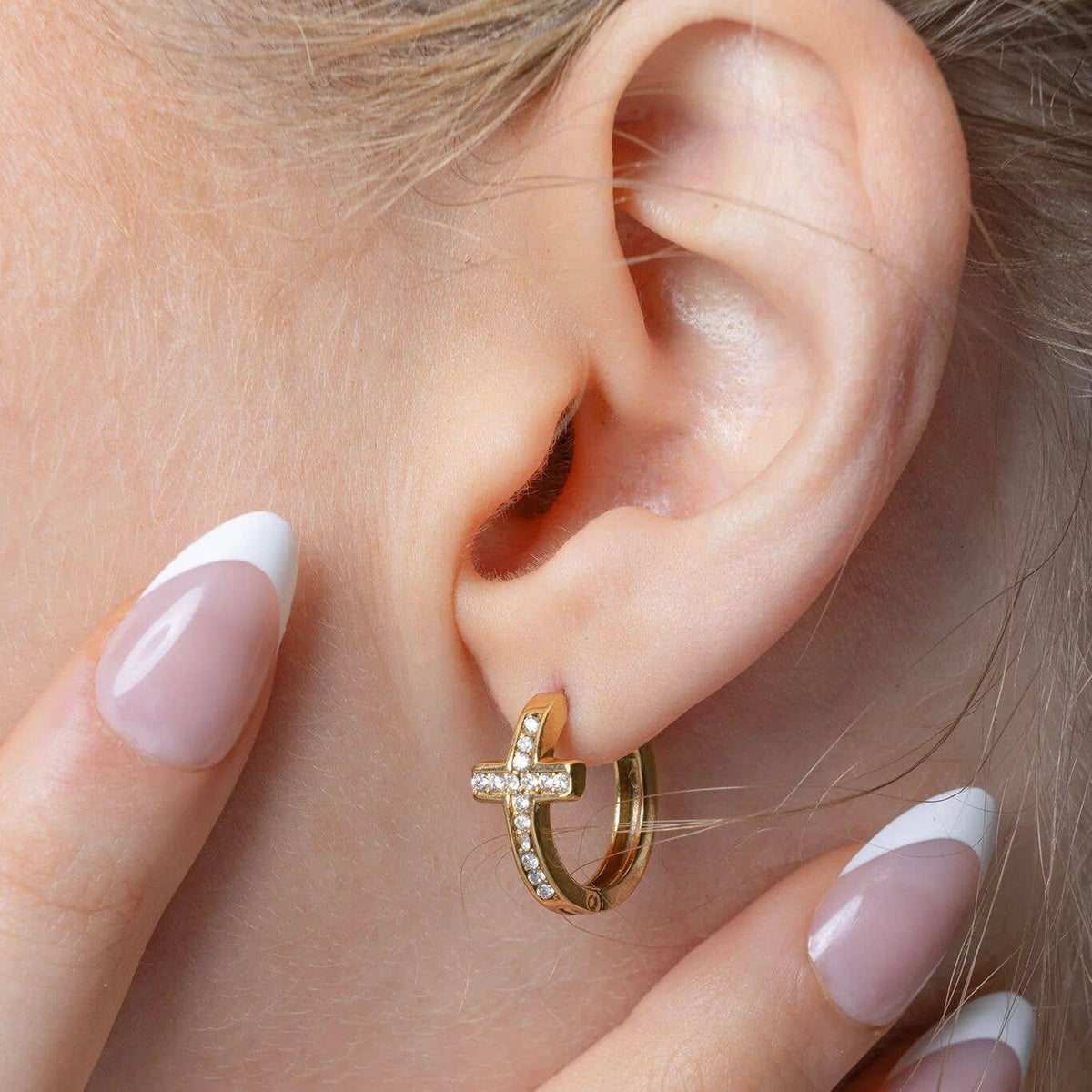 18K Gold PVD Stainless Steel Stone Cross Huggies Earrings - Ember Boutique