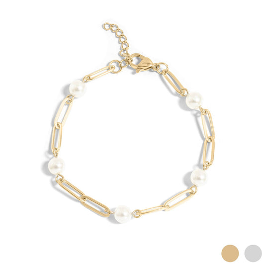 18K Gold PVD Steel Station Pearl Paperclip Chain Bracelet - Ember Boutique
