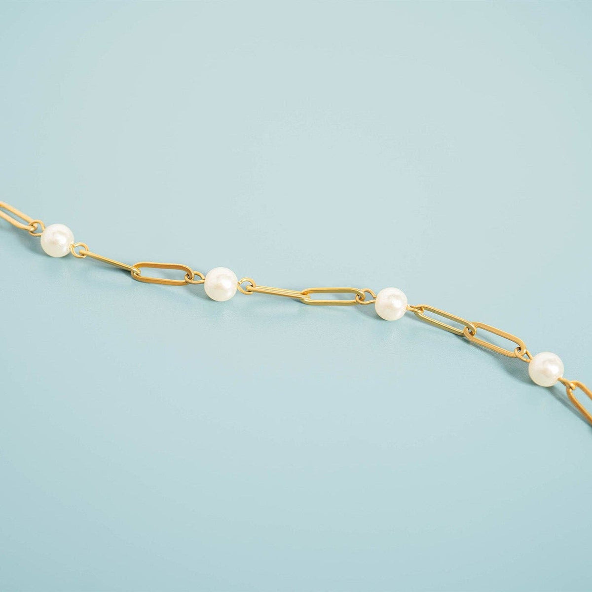 18K Gold PVD Steel Station Pearl Paperclip Chain Bracelet - Ember Boutique