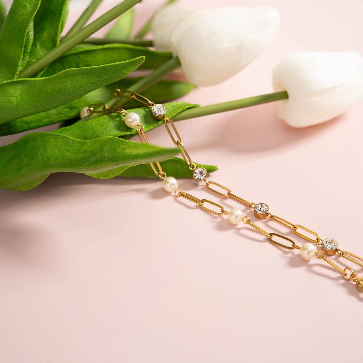 18K Gold PVD Steel Station Pearl Paperclip Chain Bracelet - Ember Boutique