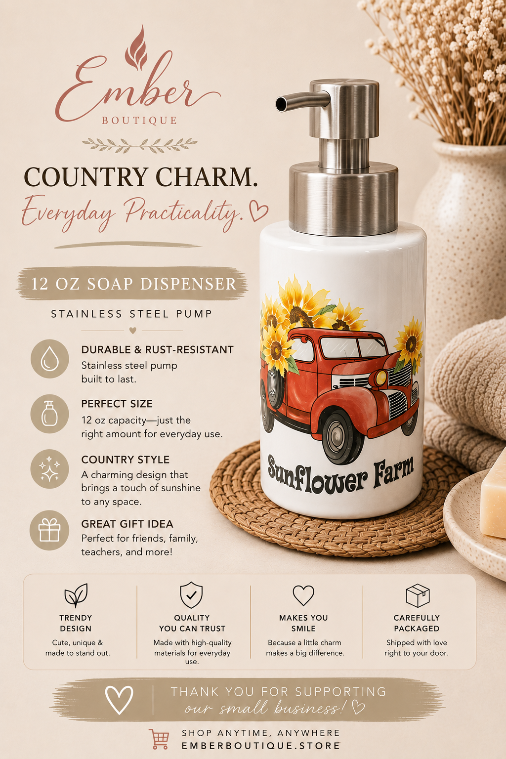 Sunflower Farm 12 oz foaming soap dispenser with stainless steel pump. Perfect for farmhouse kitchens, bathrooms, country home décor, housewarming gifts, and sunflower lovers.