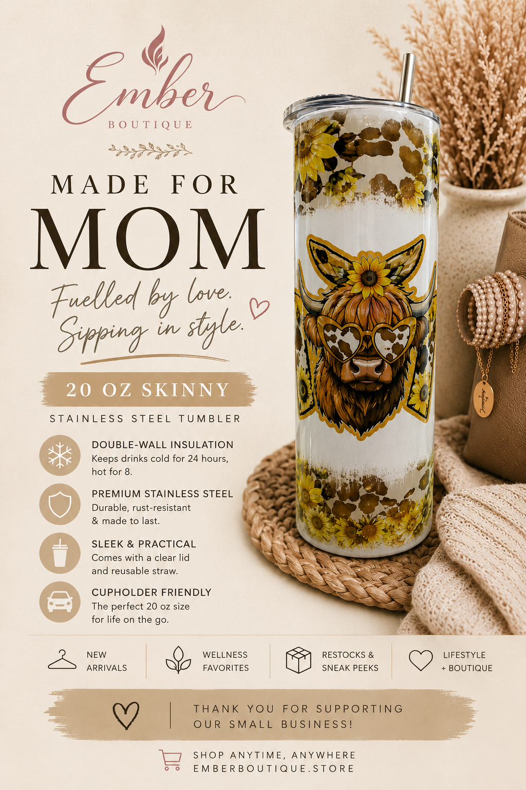 Celebrate your favorite Southern mama with this 20 oz stainless steel tumbler featuring sunflowers, cowhide accents, and a Highland cow design. Perfect gift for Mother's Day, birthdays, and everyday use.
