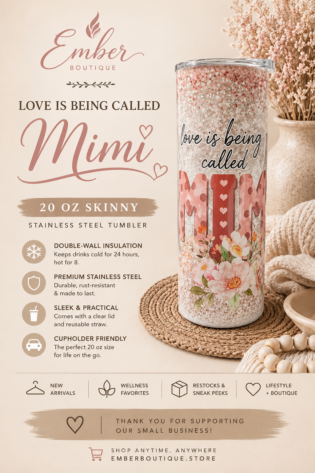 Love Is Being Called Mimi 20 oz stainless steel tumbler featuring a beautiful floral design. Perfect gift for Mimi, grandmother, Nana, birthdays, Mother's Day, and everyday use.