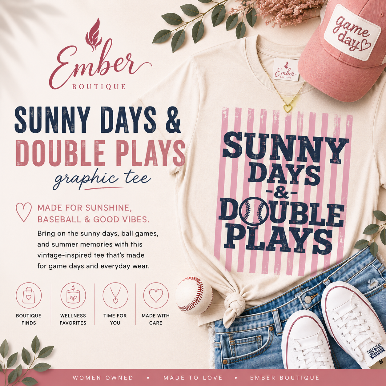 Ember Boutique promotional graphic featuring the "Sunny Days & Double Plays" graphic tee. The cream-colored t-shirt showcases a vintage-style baseball design with pink stripes and navy lettering. Styled with distressed denim shorts, white sneakers, a pink "Game Day" baseball cap, a gold heart necklace, and a baseball on a soft neutral background with greenery accents. The graphic includes the Ember Boutique logo, product title, and text highlighting the tee as perfect for sunshine, baseball, and everyday we