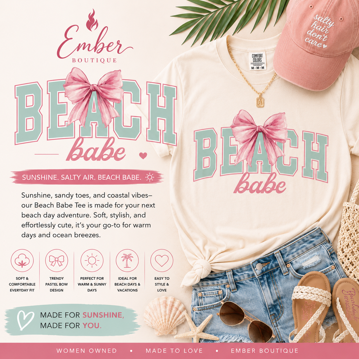Cream-colored Beach Babe graphic tee featuring pastel blue and pink lettering with a large pink bow design. Styled with layered jewelry and casual summer fashion for a feminine coastal-inspired look. Perfect for beach days, vacations, and warm-weather outfits.