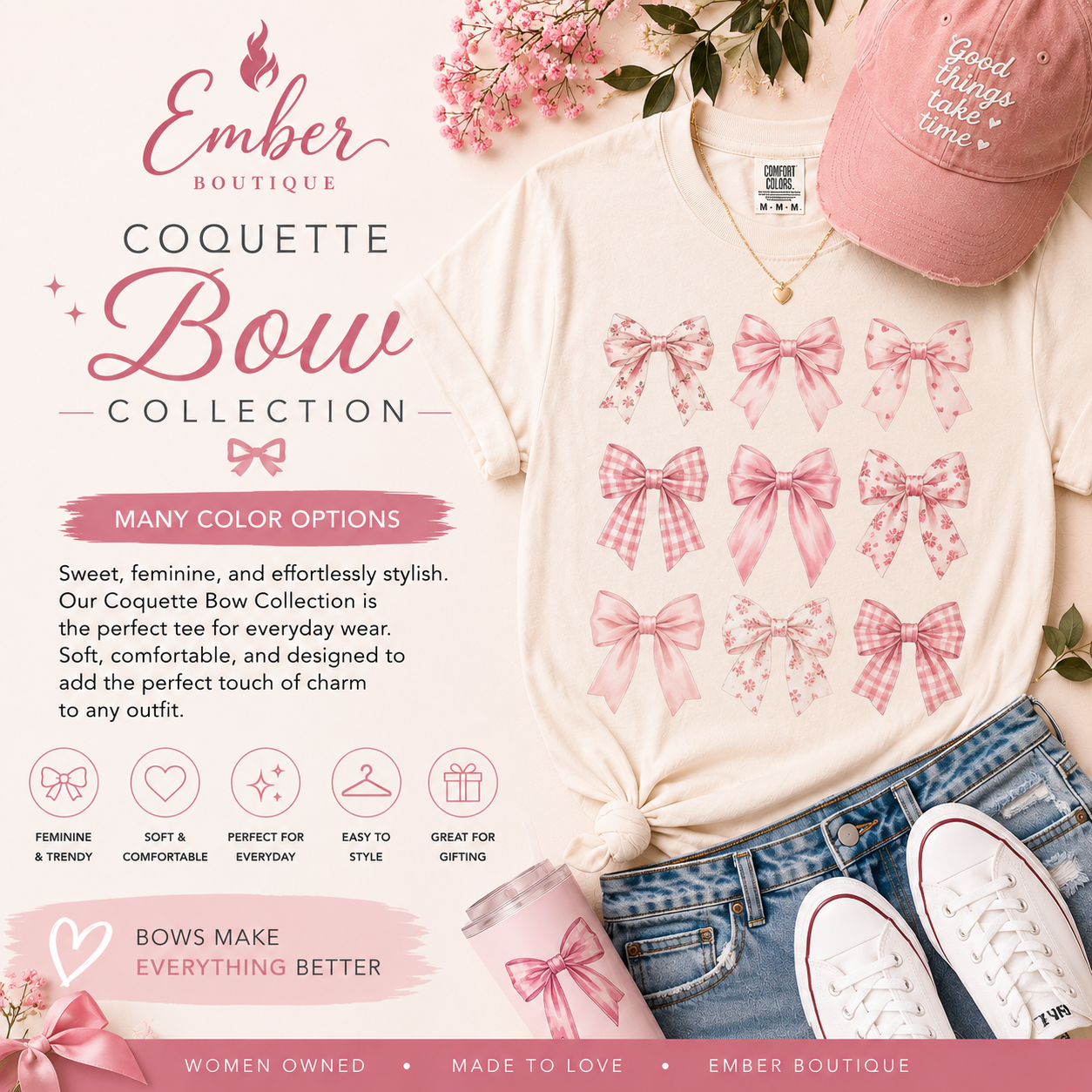 Coquette Bow Collection graphic tee featuring a feminine bow design on a soft, comfortable t-shirt. Available in multiple color options and styled for a trendy coquette-inspired look perfect for casual wear and everyday fashion.