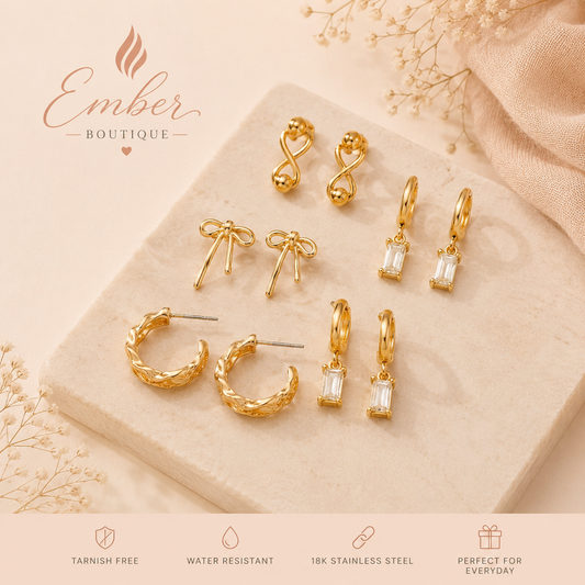 Baguette stone hoop and bow trio earring set in gold tone