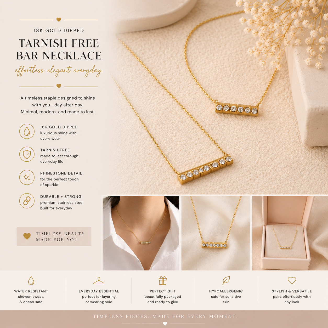 18K stainless steel tarnish-free gold bar necklace