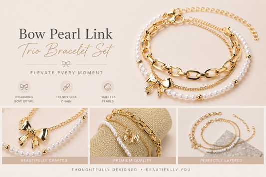 Gold-tone bow and pearl link trio bracelet set
