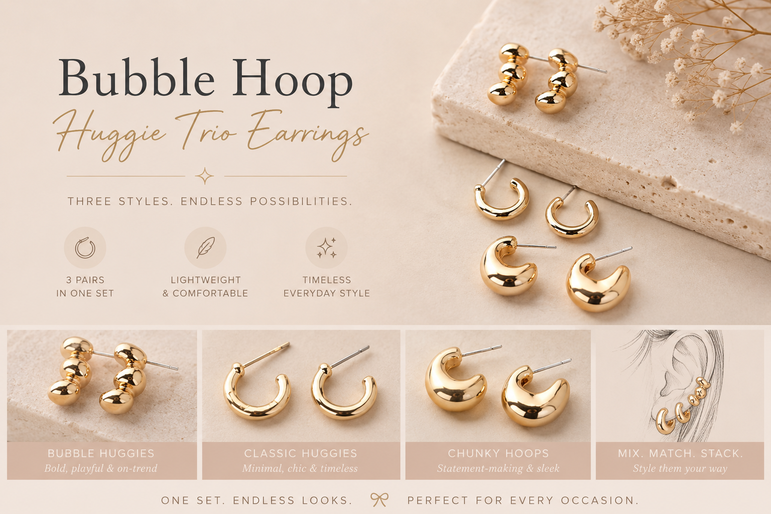 Gold bubble hoop huggie trio earrings on a beige background with text describing the product.