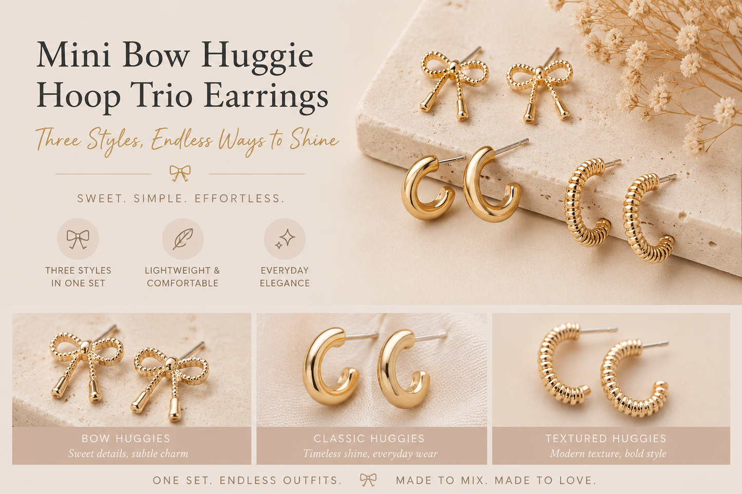 Gold-tone mini bow huggie hoop trio earring set