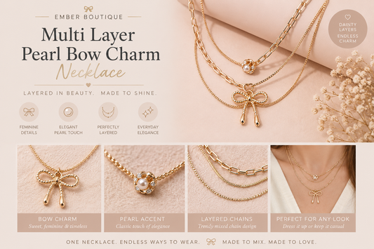 Multi layer pearl bow charm necklace with gold-tone layered chains