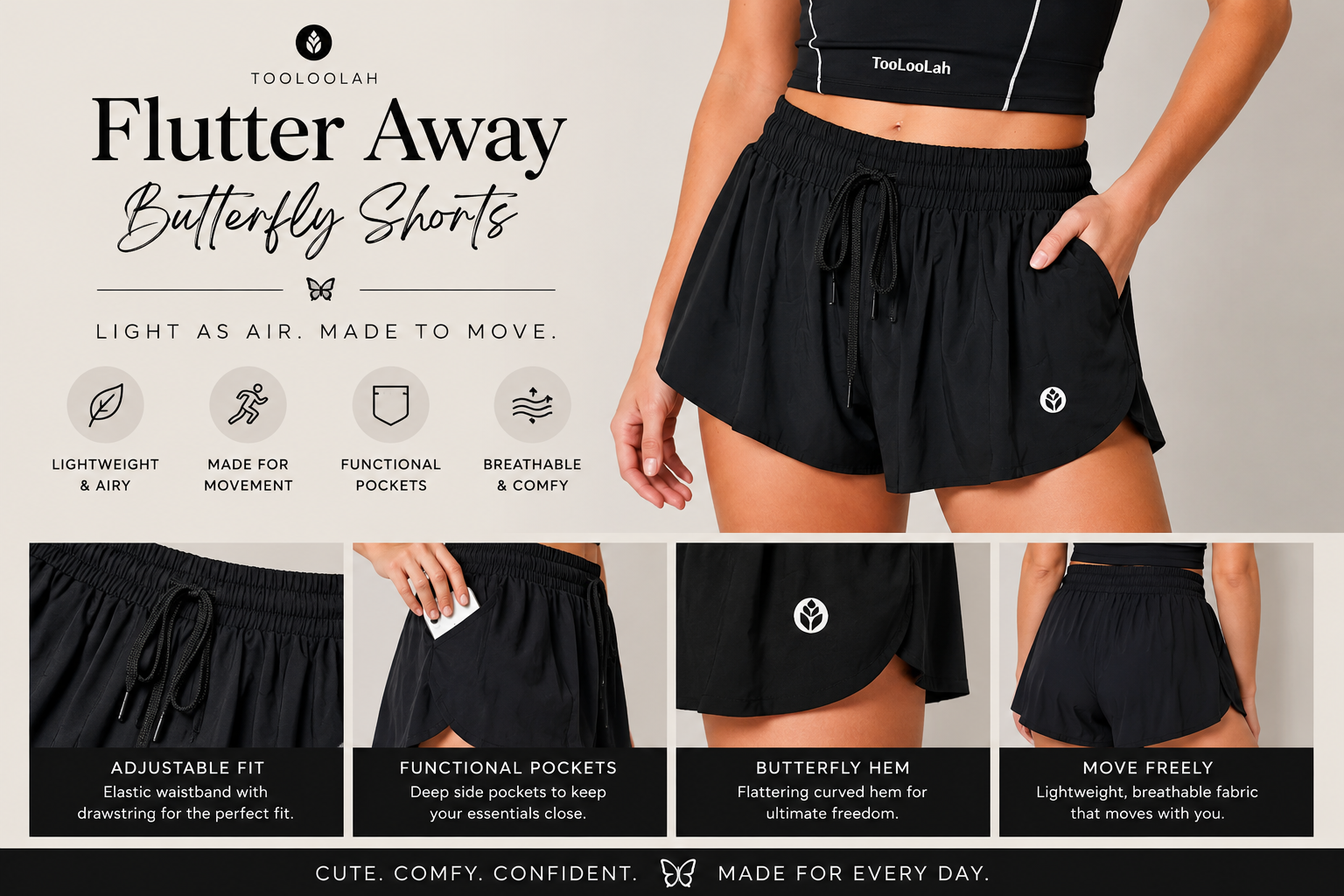 Black butterfly print women's shorts