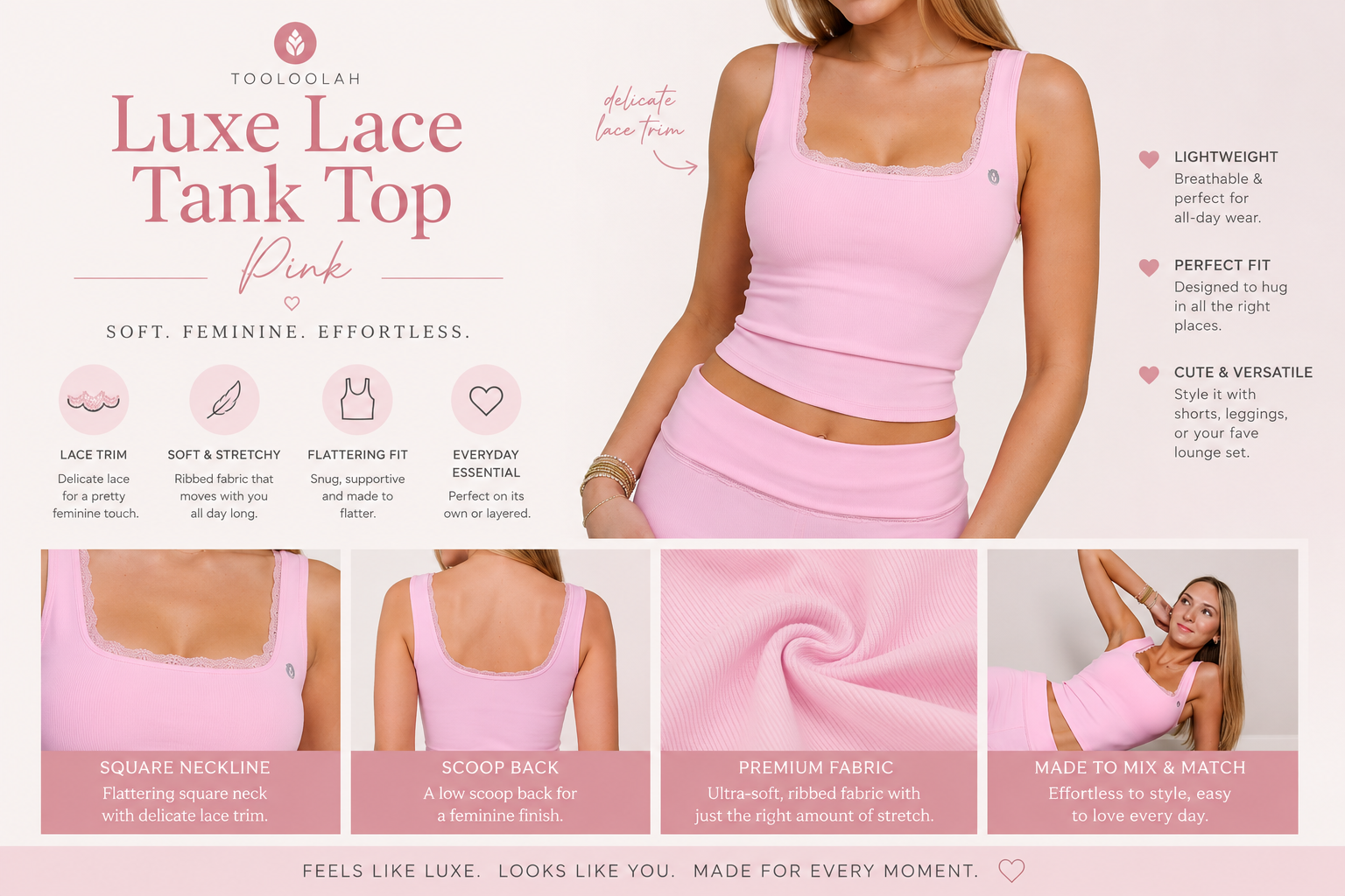 Pink women's luxe lace tank top