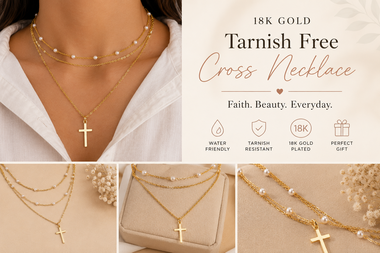 Shop our 18K gold stainless steel cross necklace featuring a tarnish-free finish and elegant layered pearl accents. Perfect Christian jewelry gift for women and everyday wear.
