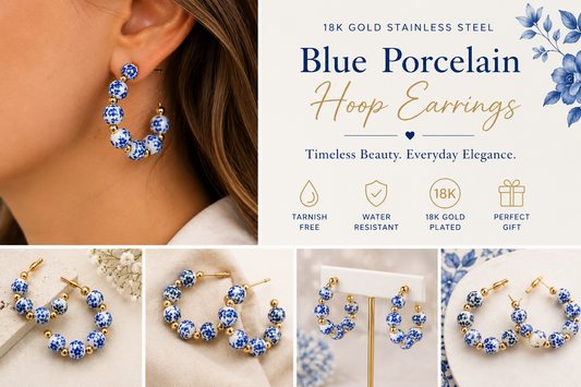 Shop 18K gold stainless steel blue porcelain hoop earrings featuring a tarnish-free finish and elegant blue-and-white bead design. Perfect statement earrings for everyday wear and gifting.