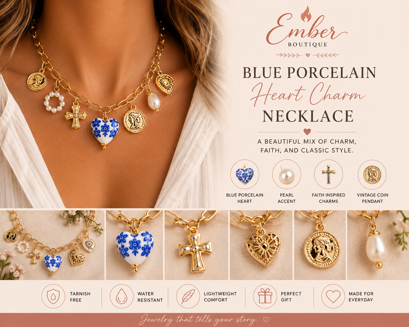 Shop our Blue Porcelain Heart Charm Necklace featuring a gold paperclip chain, pearl accents, cross charm, and vintage-inspired pendants. A stylish statement necklace perfect for everyday wear and gifting.