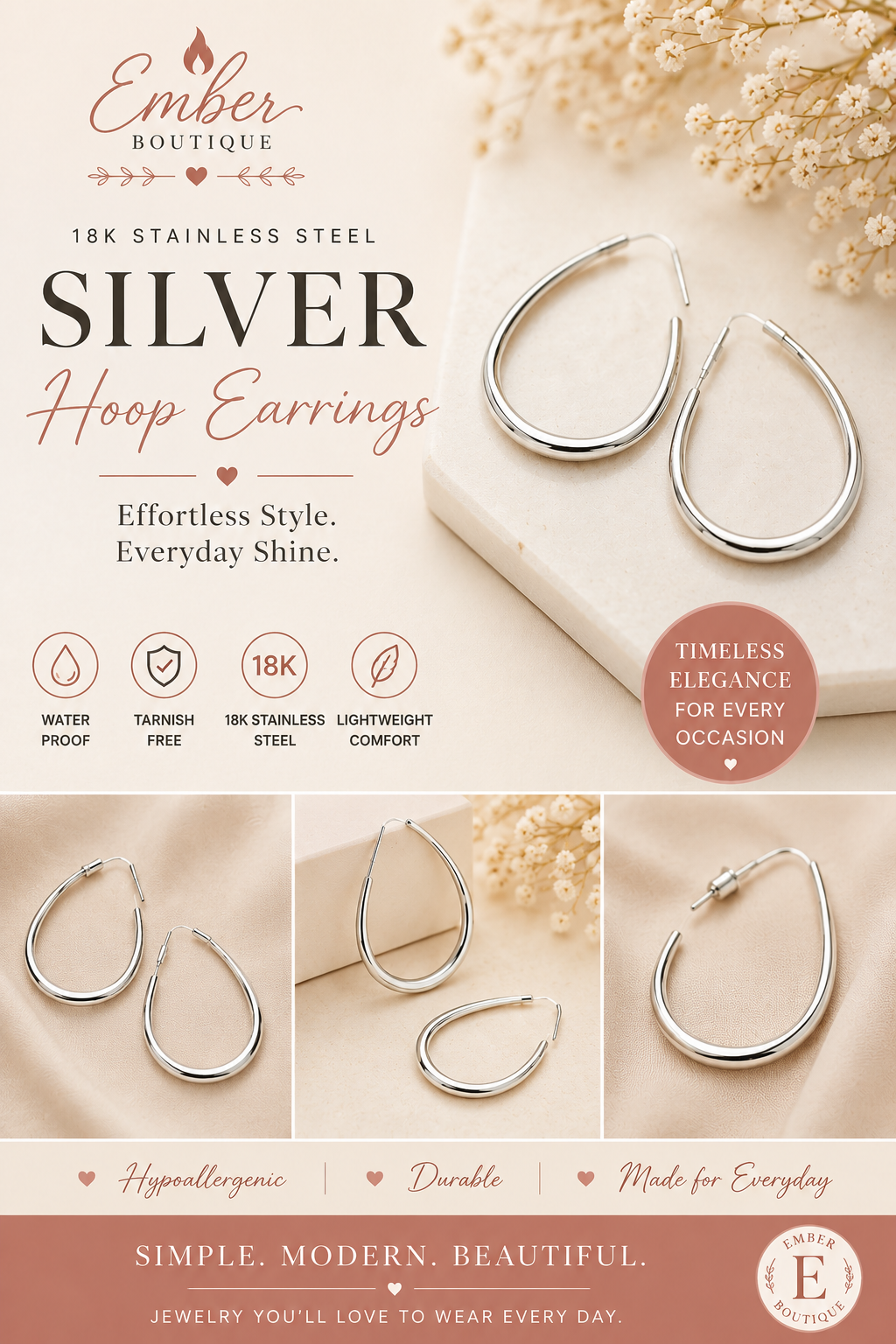 Shop 18K stainless steel silver teardrop hoop earrings. Tarnish-free, waterproof, lightweight, and perfect for everyday wear, gifting, and timeless style.