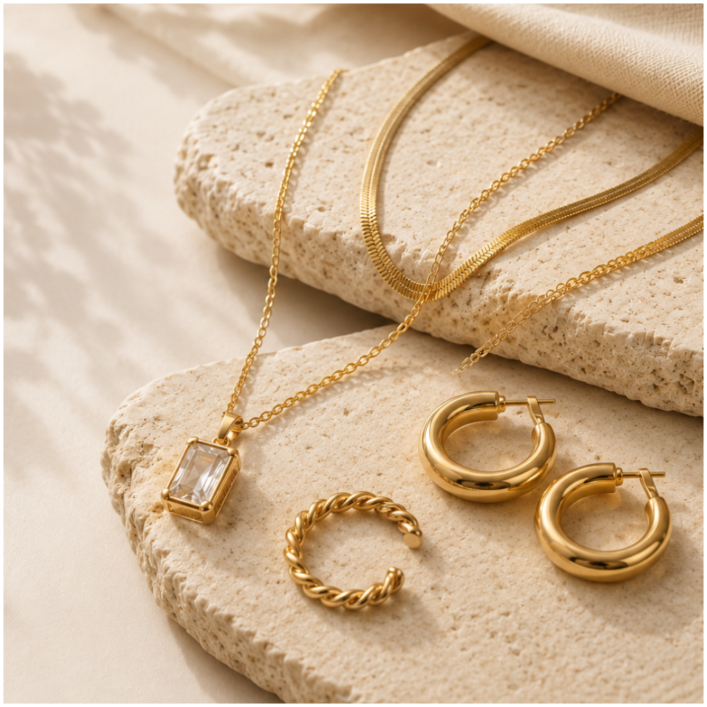 Tarnish-free gold jewelry including hoops, layered necklaces and bracelets from Ember Boutique