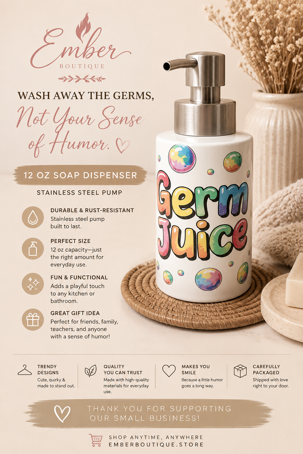 Make handwashing fun with our Germ Juice 12 oz foaming soap dispenser. Features a durable stainless steel pump and playful design perfect for kids' bathrooms, kitchens, classrooms, and gifts.