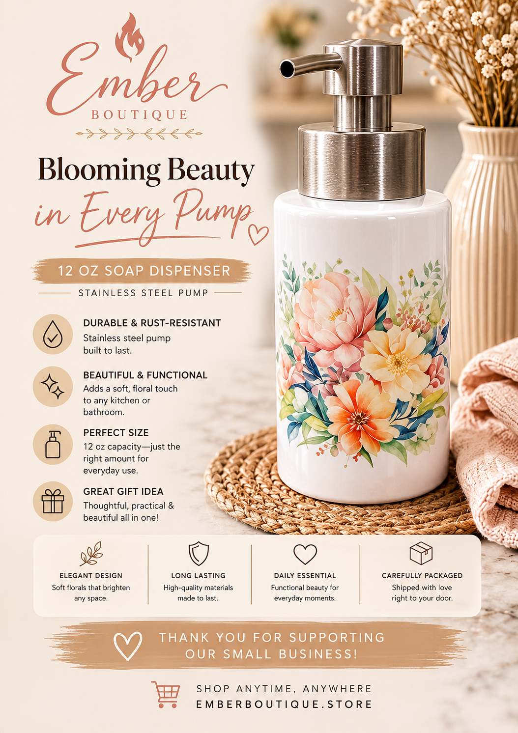 Beautiful floral 12 oz foaming soap dispenser with stainless steel pump. Perfect for farmhouse kitchens, bathrooms, guest spaces, housewarming gifts, and everyday home décor.
