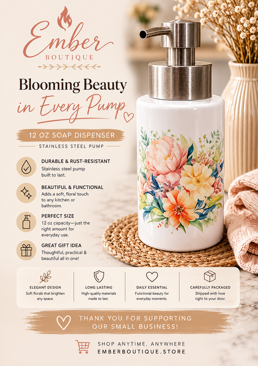 Beautiful floral 12 oz foaming soap dispenser with stainless steel pump. Perfect for farmhouse kitchens, bathrooms, guest spaces, housewarming gifts, and everyday home décor.
