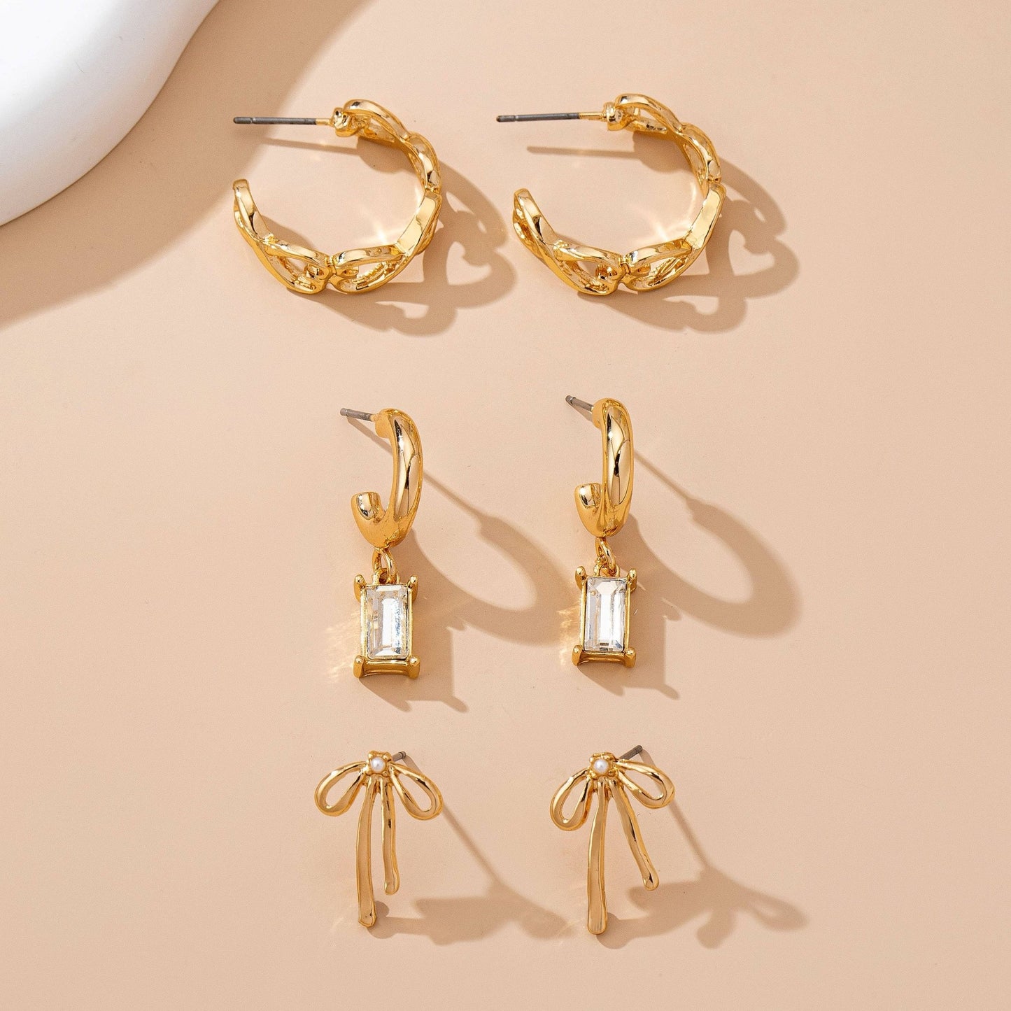 Baguette Stone Hoop, Bow Trio Earring Set | 80E61789 - Ember Boutique