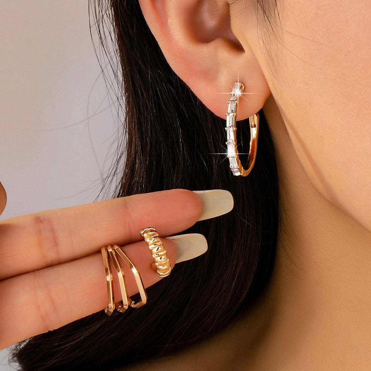 Baguette Stone Hoop, Geo Hoop Trio Earrings | 80E61782 - Ember Boutique