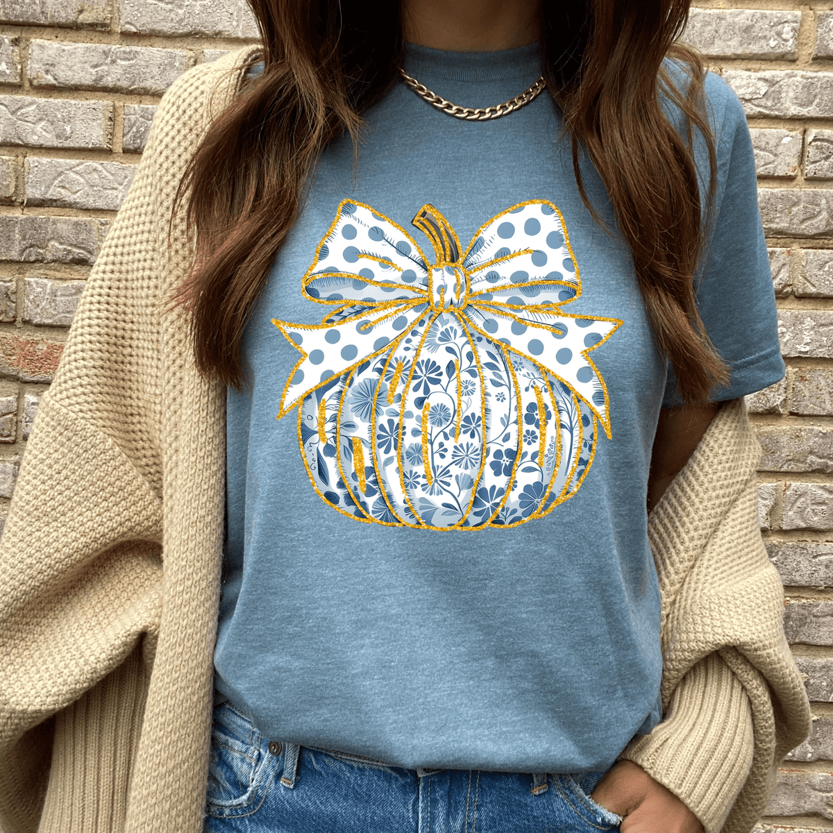 Blue and White Floral Pumpkin Graphic Tee - Ember Boutique