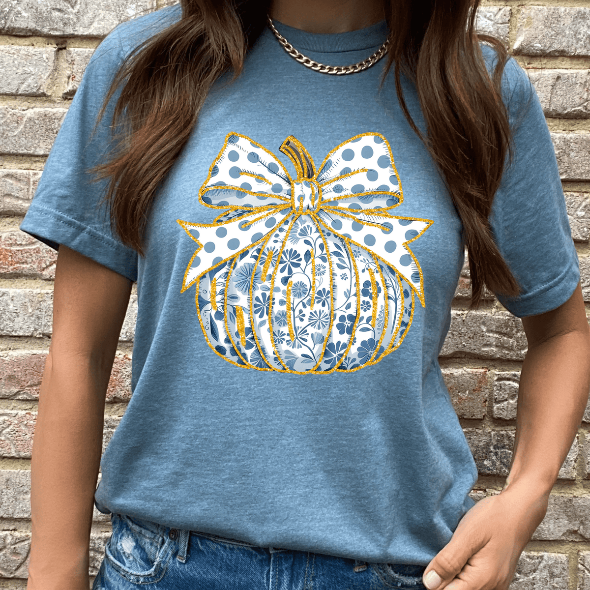 Blue and White Floral Pumpkin Graphic Tee - Ember Boutique