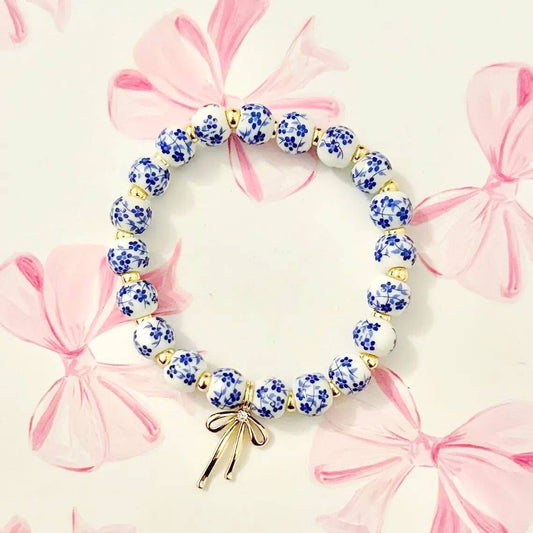 BOW CHARM FLORAL PORCELAIN BLUE BRACELET | 80B1355 - Ember Boutique